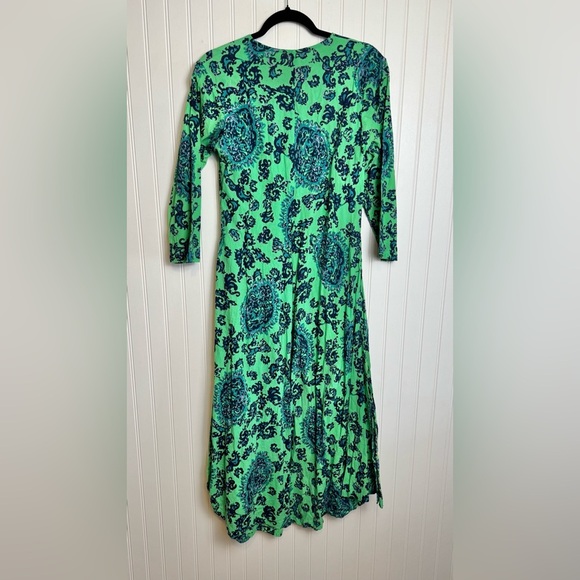 Dolma Green Print Long Sleeve V-Neck Maxi Dress 100% Cotton J34 - Picture 7 of 7